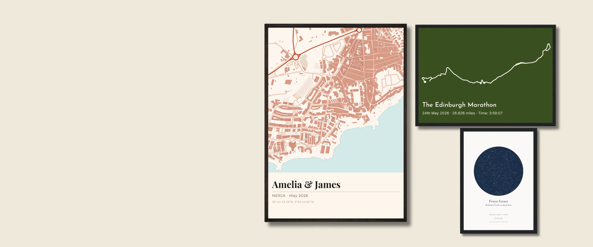 Three framed personalised prints displayed on a wall — a terracotta location map, a green route map of the Edinburgh Marathon, and a navy birth star map