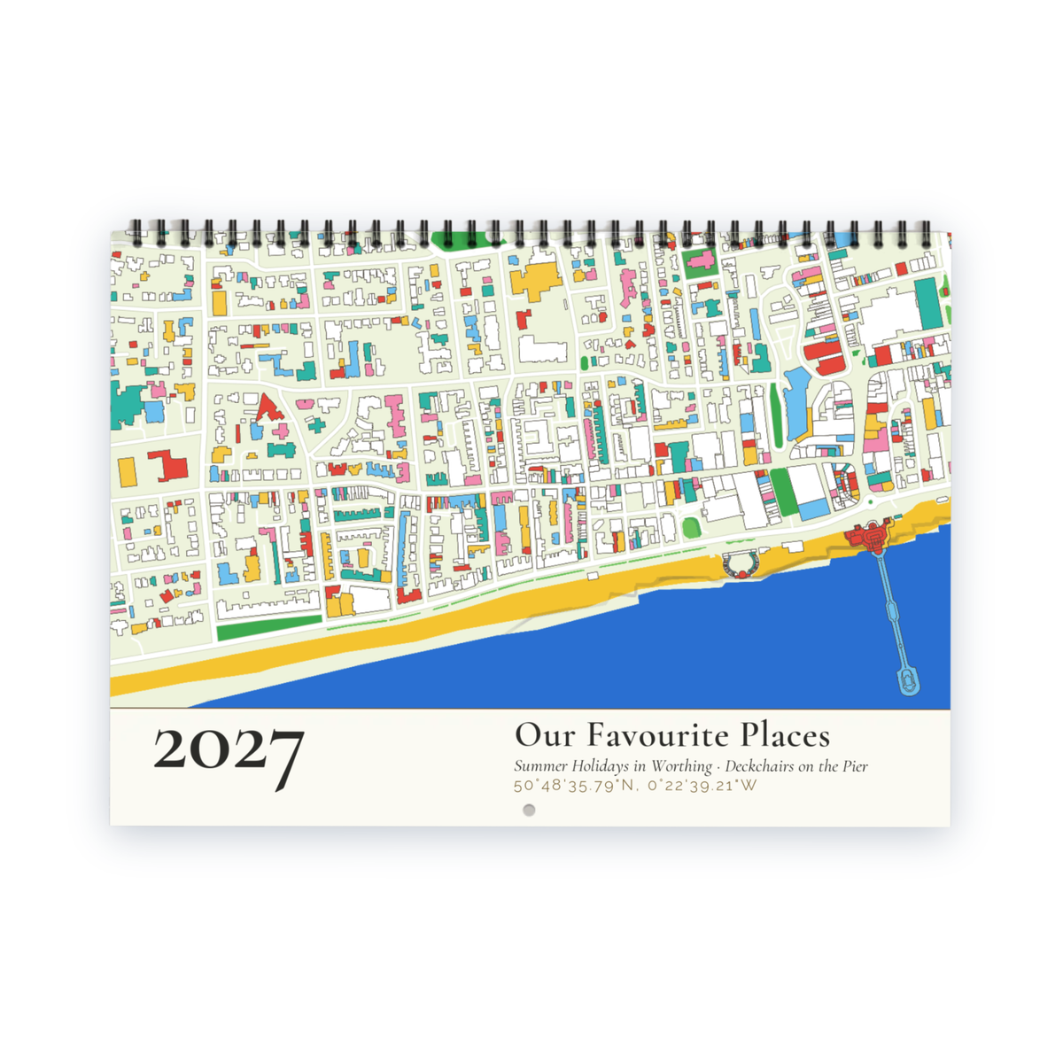 Front cover of the Personalised Map Calendar 2027 — Places, showing a colourful map of a Worthing above a cream band with the year 2027