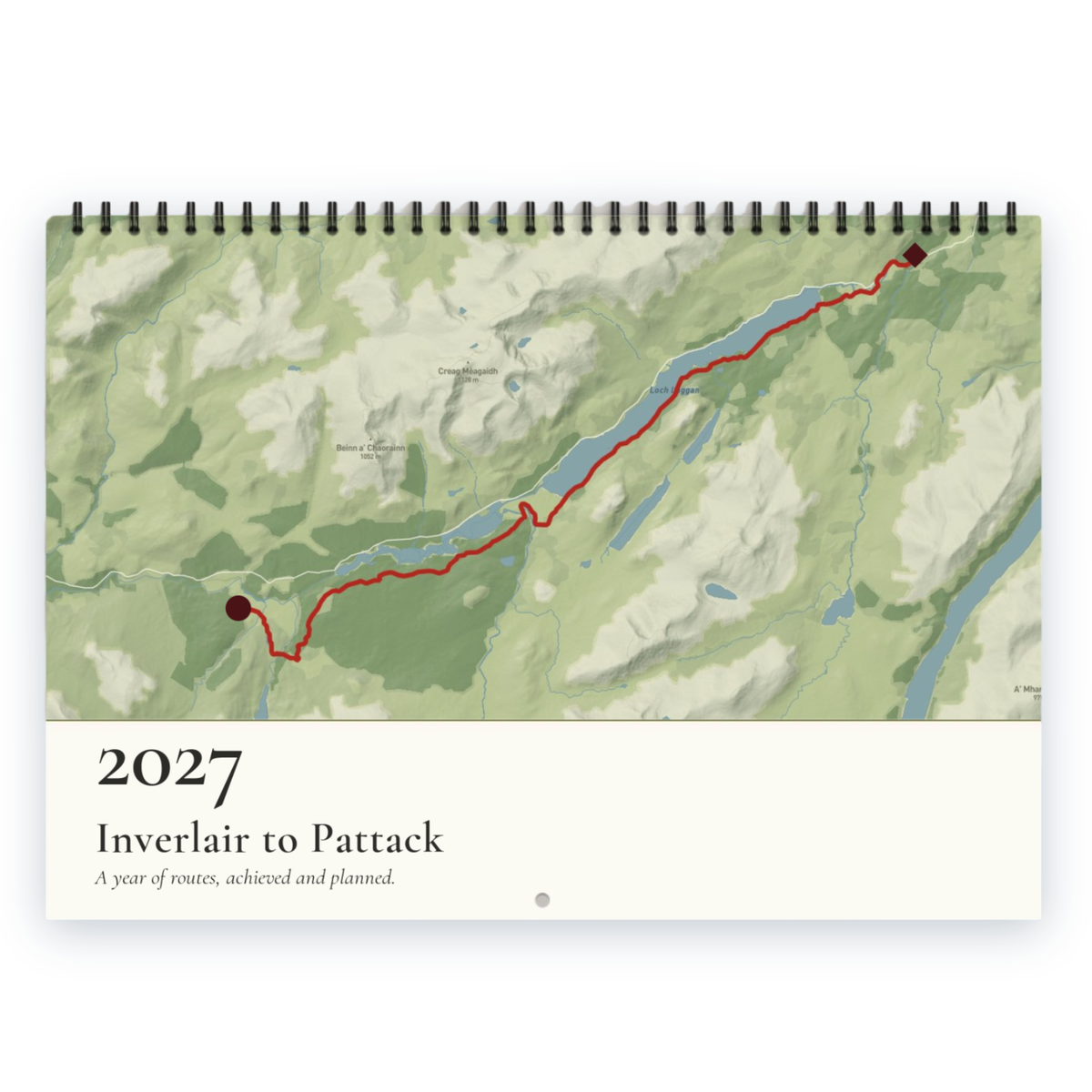 Front cover of the Personalised Route Map Calendar 2027 — Routes: a red route traced along Loch Laggan on a green hill-shaded map of the Scottish Highlands, with the caption “2027, Inverlair to Pattack – A year of routes, achieved and planned.”