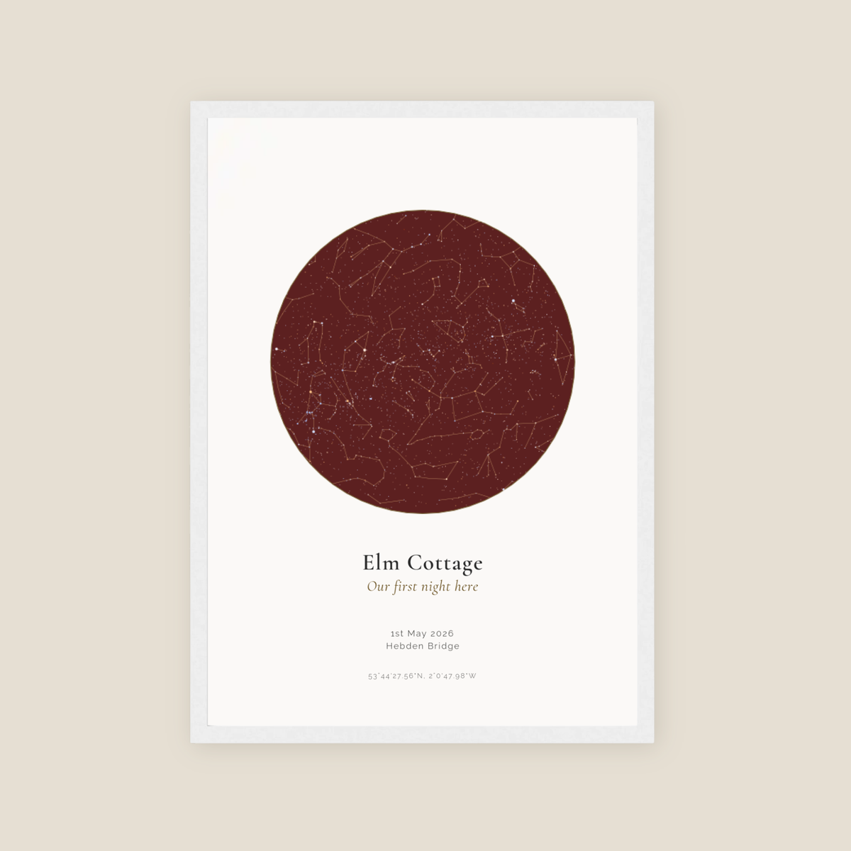 Personalised star map print, Jewel, Ruby palette, in a white frame, A3 portrait, showing the night sky over Hebden Bridge with the title Elm Cottage