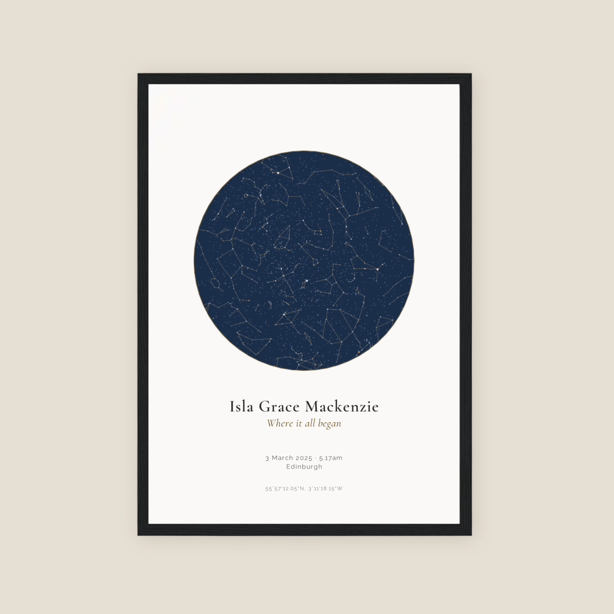 Personalised star map print, Jewel, Sapphire palette, in a black frame, A3 portrait, showing the night sky over Edinburgh with the name Isla Grace Mackenzie