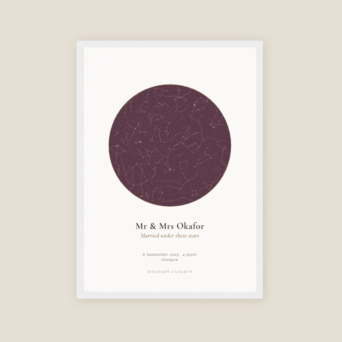 Personalised star map print, Jewel, Twilight palette, in a white frame, A3 portrait, showing the night sky over Glasgow with the name Mr & Mrs Okafor