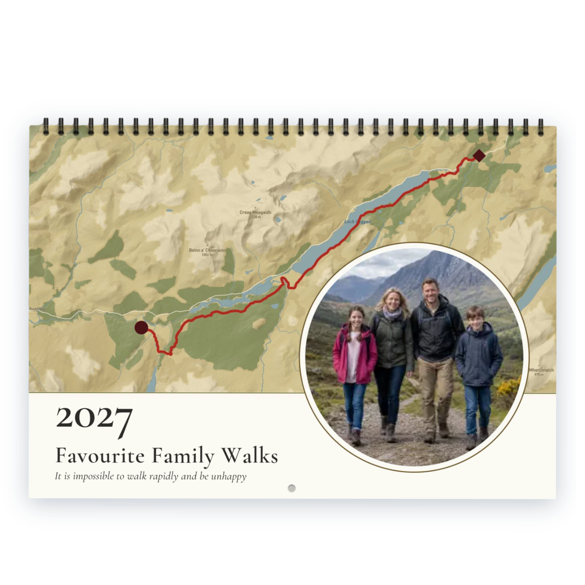 Front cover of the Personalised Route & Photo Calendar 2027 — Routes & Photos: a red route traced along Loch Laggan on a golden hill-shaded map of the Scottish Highlands, a round photo of a family of four walking a mountain path, and the caption “2027, Favourite Family Walks – It is impossible to walk rapidly and be unhappy”
